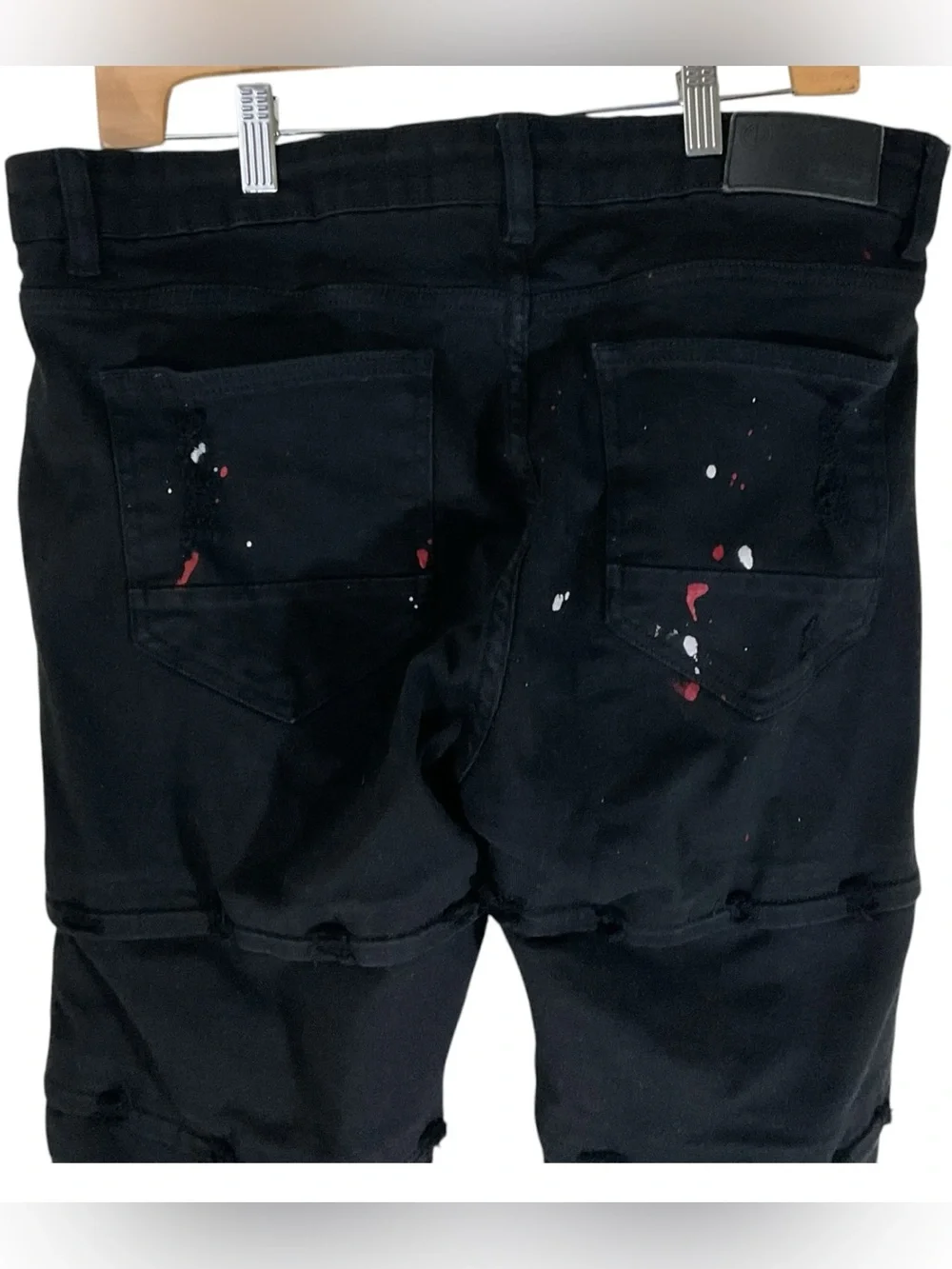 Focus Men’s 34x30 Moto Skinny Jeans Broken Heart Paint Splatter Distressed Black